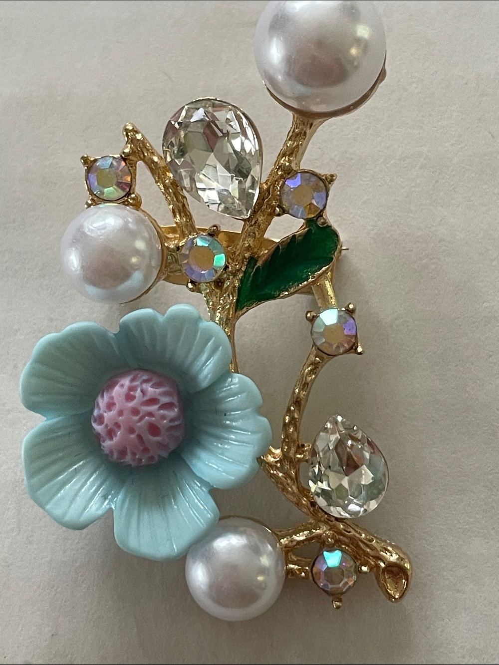 Fashion Flower Pearl & Crystal Brooch - Light Blue Floral Accent 2”